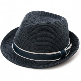 Fedoras Packable Straw Fedora Panama Sun Summer Beach Hat Cuban Trilby Men Women 55-61cm - Navy_89600 - CU18O3RX4OQ $18.20