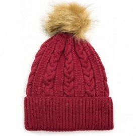 Skullies & Beanies Women Winter Faux Fur Pom Beanie Hat w/Warm Fleece Lined Thick Skull Ski Cap - Red/Brown Pom - CH18NWOK30T...