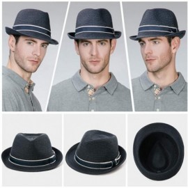 Fedoras Packable Straw Fedora Panama Sun Summer Beach Hat Cuban Trilby Men Women 55-61cm - Navy_89600 - CU18O3RX4OQ $48.91