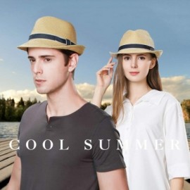 Fedoras Packable Straw Fedora Panama Sun Summer Beach Hat Cuban Trilby Men Women 55-61cm - Navy_89600 - CU18O3RX4OQ $18.20