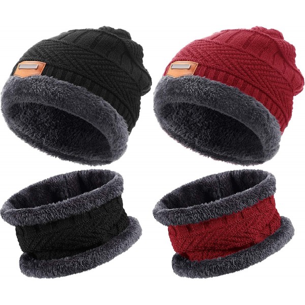 Skullies & Beanies Winter Beanie Hat Scarf Set Fleece Lined Skull Cap and Scarf Unisex- 4 Pieces - Black and Wine Red - C9192...