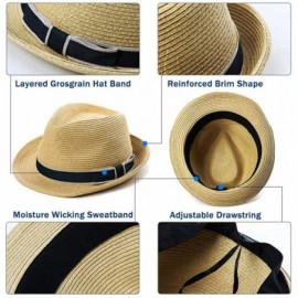 Fedoras Packable Straw Fedora Panama Sun Summer Beach Hat Cuban Trilby Men Women 55-61cm - Navy_89600 - CU18O3RX4OQ $18.20