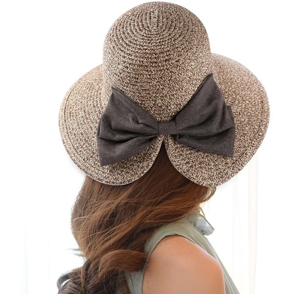 Sun Hats Women Straw Woven Bowknot Decor Panama Summer Beach Sun Hat Trilby Fedora - Tan - CH183L4AY8A $17.52