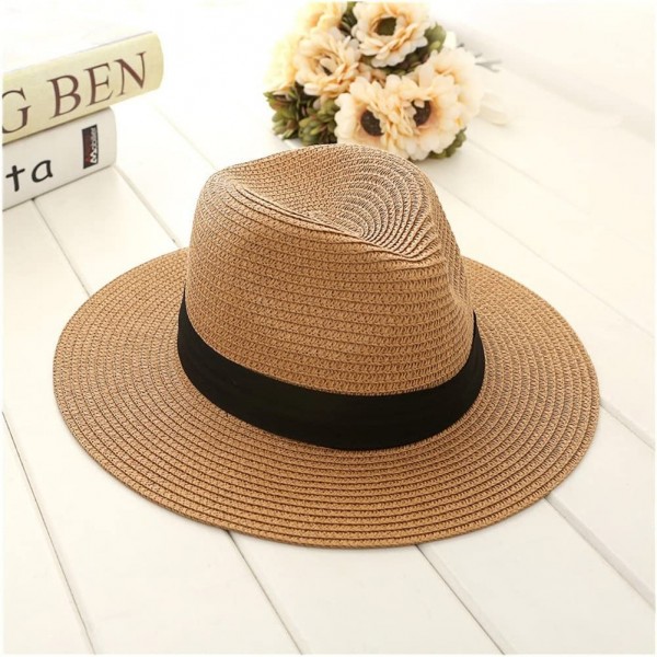 Women Wide Brim Straw Sun Hat Roll up Hat Beach Sun Hats - Khaki ...