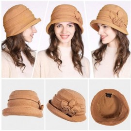 Sun Hats Cloche Round Hat for Women 1920s Fedora Bucket Vintage Hat Flower Accent - 16076_camel - CU12M68T8KN $40.49