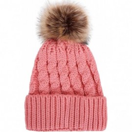 Skullies & Beanies Winter Hand Knit Beanie Hat with Faux Fur Pompom - Pink - CO12MYF7ESN $15.46