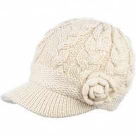 Skullies & Beanies Women's Winter Fleece Lined Elegant Flower Cable Knit Newsboy Cabbie Hat - Ivory Cable Flower - C018IIIRGC...