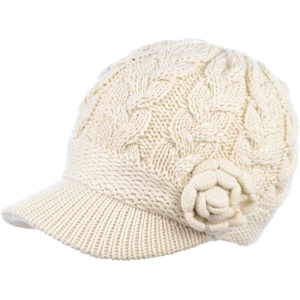 Skullies & Beanies Women's Winter Fleece Lined Elegant Flower Cable Knit Newsboy Cabbie Hat - Ivory Cable Flower - C018IIIRGC...
