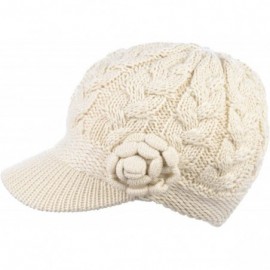 Skullies & Beanies Women's Winter Fleece Lined Elegant Flower Cable Knit Newsboy Cabbie Hat - Ivory Cable Flower - C018IIIRGC...
