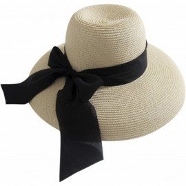 Sun Hats Womens Floppy Straw Hat Wide Brim Summer Beach Cap Bowknot Sun Hat - Beige - C118SOA5C8U $8.16