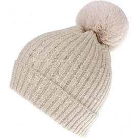 Skullies & Beanies Women Winter Knit-Beanie-Hats with Pom - Beige - CG18L5CNW5W $7.31