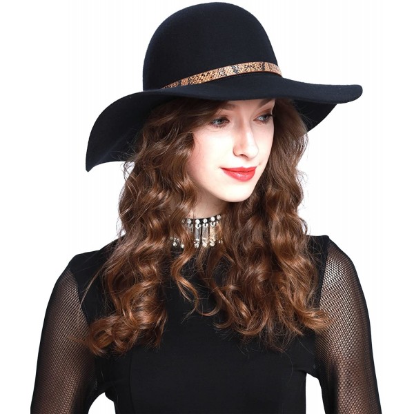 Fedoras Women's Wide Brim 100% Wool Snakeskin Band Floppy Hat - Black - CT12MXX3CE3 $29.54