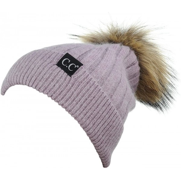 Skullies & Beanies Angora Knit Natural Fox Fur Pom Cuff Beanie Hat w/Black Label - Violet - CN12NR3CABF $28.50