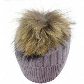 Skullies & Beanies Angora Knit Natural Fox Fur Pom Cuff Beanie Hat w/Black Label - Violet - CN12NR3CABF $28.50