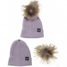 Skullies & Beanies Angora Knit Natural Fox Fur Pom Cuff Beanie Hat w/Black Label - Violet - CN12NR3CABF $28.50