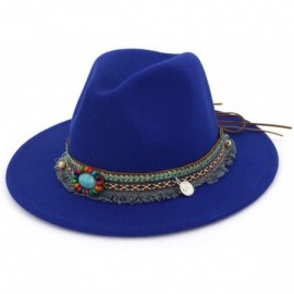 Fedoras Men Women Vintage Felt Fedora Hat Wide Brim Panama Hats with Buckle - Royal Blue - CQ18SWIX53Q $24.14