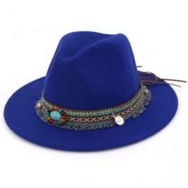 Fedoras Men Women Vintage Felt Fedora Hat Wide Brim Panama Hats with Buckle - Royal Blue - CQ18SWIX53Q $11.24