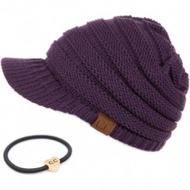 Skullies & Beanies Hatsandscarf Exclusives Women's Ribbed Knit Hat with Brim (YJ-131) - Dk Purple With Ponytail Holder - C818...