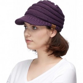 Skullies & Beanies Hatsandscarf Exclusives Women's Ribbed Knit Hat with Brim (YJ-131) - Dk Purple With Ponytail Holder - C818...