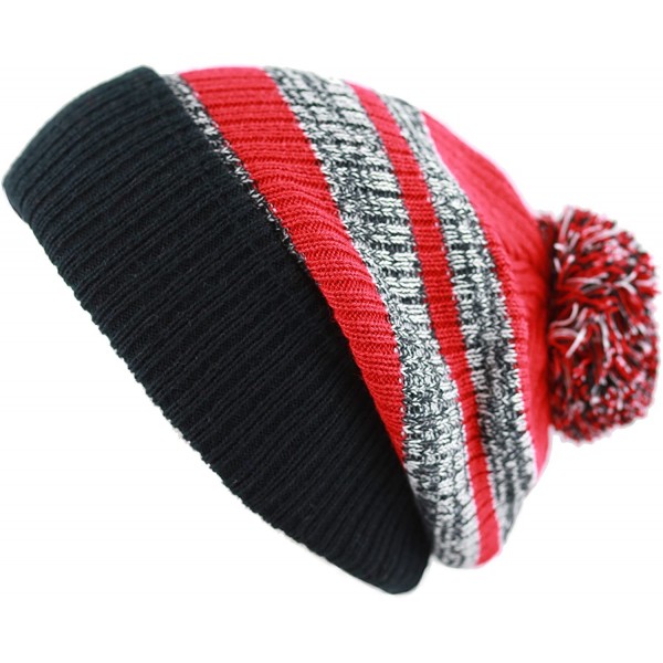 Skullies & Beanies Winter Striped Cuffed Pom Pom Knit Soft Thick Beanie Skully Hat - Black-red - C612N4V1QSO $14.45