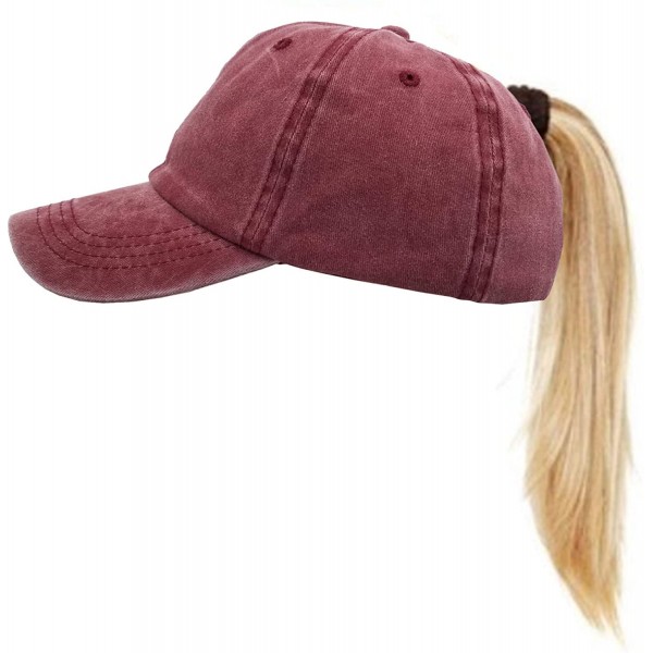 Baseball Caps Washed Ponytail Hats Baseball Vintage Distressed Twill Ponycap Messy Bun Cap - Burgundy - CT18O8ZUDG8 $9.17