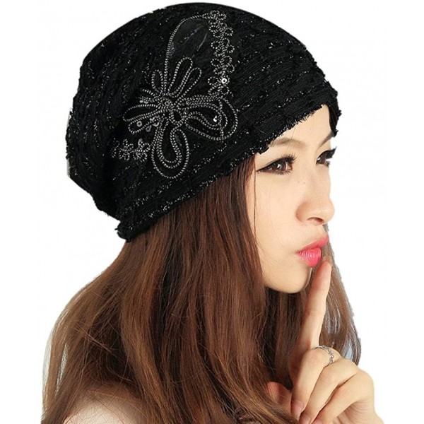 Skullies & Beanies Women's Winter Hat Lace Butterfly Decorate Beanie Caps Lady Skullies Turban Cap - Black - C21294HCDGP $11.03