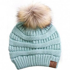 Skullies & Beanies Cable Knit Faux Fur Pom Pom Beanie Hat - Mint - CS12M1RC8UV $12.34