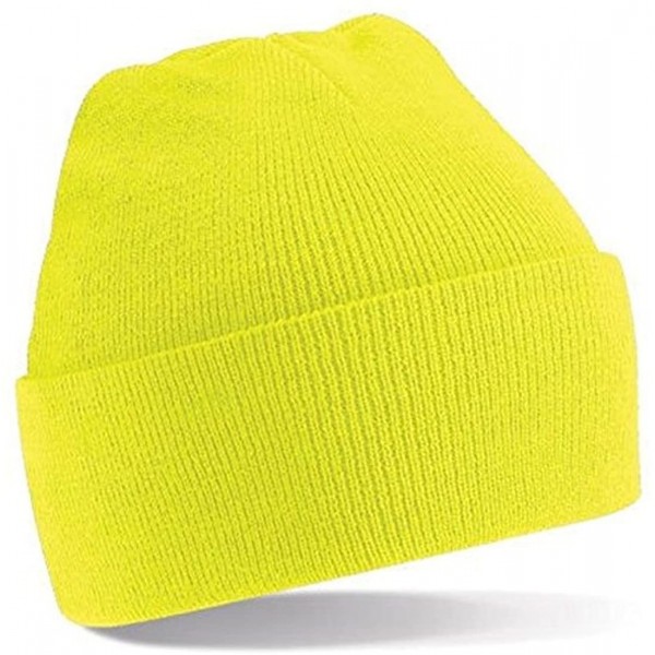 Skullies & Beanies Mens/Womans knitted woolly beanie winter warm ski ribbed turn up hat - Florescent Yellow - CM12HPBPP5X $8.98