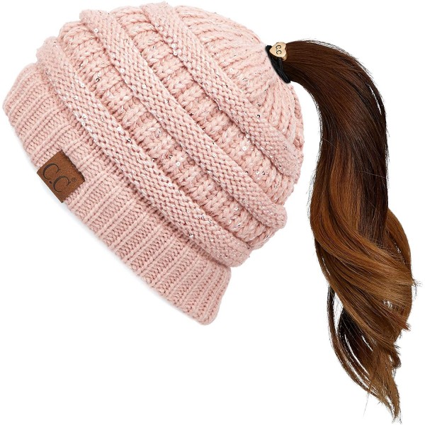 Skullies & Beanies Messy Bun Ponytail Magic Magic Sequin Beanie Hat Bundle Hair Tie (MB-730) - Indi Pink - CE18I53TQEQ $15.92