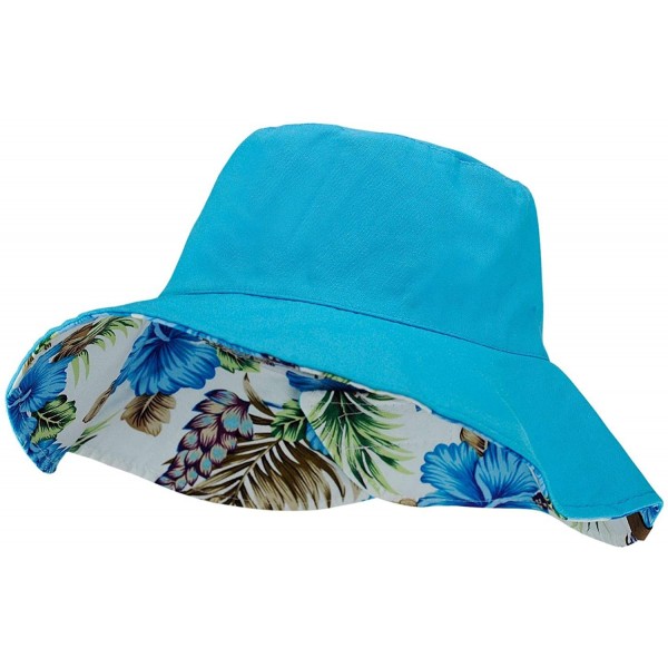 Bucket Hats Women's 100% Cotton Crushable Bucket Ponytail Messy Bun Sun Hat Reversible - Flower Turquoise - CW18QK59Q78 $13.99