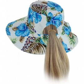 Bucket Hats Women's 100% Cotton Crushable Bucket Ponytail Messy Bun Sun Hat Reversible - Flower Turquoise - CW18QK59Q78 $13.99