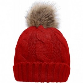 Skullies & Beanies Women's Winter Ribbed Knit Faux Fur Pompoms Chunky Lined Beanie Hats - A Twist Red - CP184ROZC8G $10.64