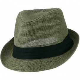 Fedoras Mens 3 Layer Pleated Band Solid Color Straw Fedora - Olive - CI11WWWIEXV $12.01