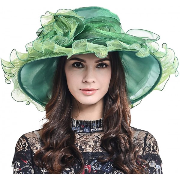 Sun Hats Ladies Kentucky Derby Church Hat Wide Brim Leaf Flower Bridal Dress Hat s037 - Ruffle-green - CD17YIZ2EGA $29.52