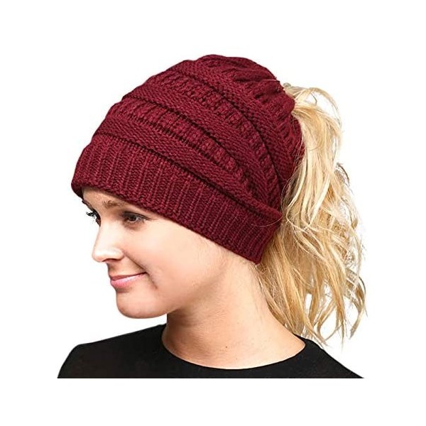 Skullies & Beanies Beanie Tail Outdoor Runner Women's Beanie Solid Ponytail Messy Bun Hat Cap Burgundy - CQ192GYWKEK $7.94