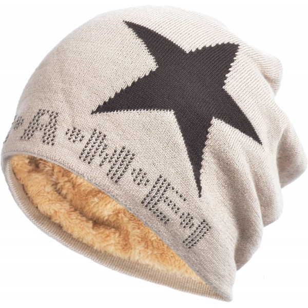 Skullies & Beanies Star Knit Winter Slouch Beanie Hat Warm Villus Lined Skull Ski Cap - Beige - CE11RSA89QN $11.55