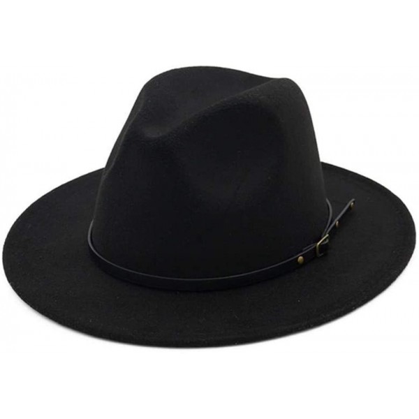 Fedoras Women's Wool Felt Outback Hat Panama Hat Wide Brim Women Belt Buckle Fedora Hat - Black - CT1950MKXRY $10.02