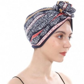 Skullies & Beanies New Women's Cotton Flower Elastic Turban Beanie Pre-Tied Bonnet Chemo Cap Hair Loss Hat - Navy - CU18KX9EW...