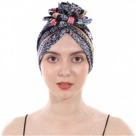 Skullies & Beanies New Women's Cotton Flower Elastic Turban Beanie Pre-Tied Bonnet Chemo Cap Hair Loss Hat - Navy - CU18KX9EW...