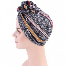 Skullies & Beanies New Women's Cotton Flower Elastic Turban Beanie Pre-Tied Bonnet Chemo Cap Hair Loss Hat - Navy - CU18KX9EW...