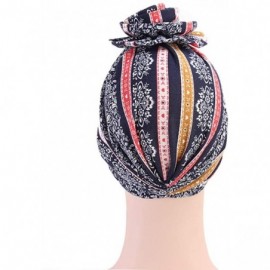 Skullies & Beanies New Women's Cotton Flower Elastic Turban Beanie Pre-Tied Bonnet Chemo Cap Hair Loss Hat - Navy - CU18KX9EW...