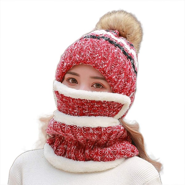 Skullies & Beanies Fleece Lined Knit Beanie Scarf Mouth Mask Set for Girl and Women Winter Ski Hat with Pompom - CN18ZE4SOZE ...