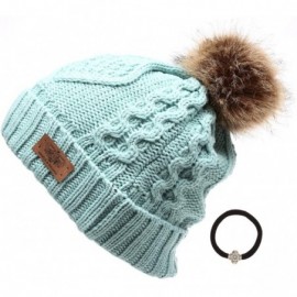 Skullies & Beanies Women's Winter Fleece Lined Cable Knitted Pom Pom Beanie Hat with Hair Tie. - Mint - CB12MZ5ZXM0 $15.30