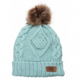 Skullies & Beanies Women's Winter Fleece Lined Cable Knitted Pom Pom Beanie Hat with Hair Tie. - Mint - CB12MZ5ZXM0 $15.30
