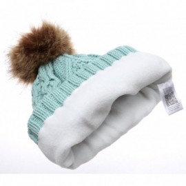 Skullies & Beanies Women's Winter Fleece Lined Cable Knitted Pom Pom Beanie Hat with Hair Tie. - Mint - CB12MZ5ZXM0 $15.30