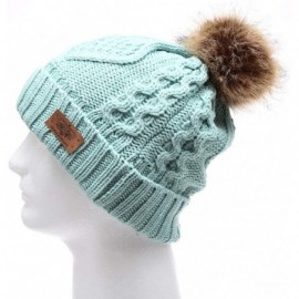 Skullies & Beanies Women's Winter Fleece Lined Cable Knitted Pom Pom Beanie Hat with Hair Tie. - Mint - CB12MZ5ZXM0 $15.30