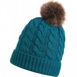 Skullies & Beanies Women's Winter Ribbed Knit Faux Fur Pompoms Chunky Lined Beanie Hats - Dark Green - C418II708RO $10.49
