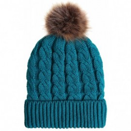 Skullies & Beanies Women's Winter Ribbed Knit Faux Fur Pompoms Chunky Lined Beanie Hats - Dark Green - C418II708RO $10.49