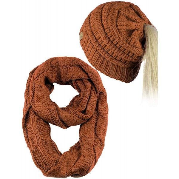 Skullies & Beanies BeanieTail Messy High Bun Cable Knit Beanie and Infinity Loop Scarf Set - Rust - C118KHC92LZ $23.29