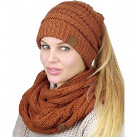 Skullies & Beanies BeanieTail Messy High Bun Cable Knit Beanie and Infinity Loop Scarf Set - Rust - C118KHC92LZ $23.29